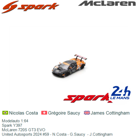 Modelauto 1:64 | Spark Y397 | McLaren 720S GT3 EVO | United Autosports 2024 #59 - N.Costa - G.Saucy  - J.Cottingham