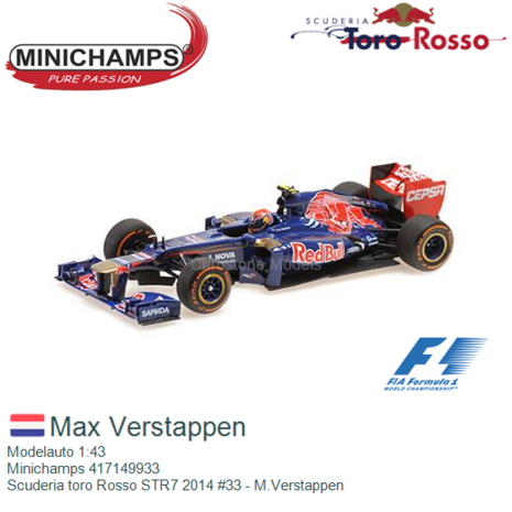 Modelauto 1:43 | Minichamps 417149933 | Scuderia toro Rosso STR7 2014 #33 - M.Verstappen