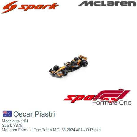 Modelauto 1:64 | Spark Y375 | McLaren Formula One Team MCL38 2024 #81 - O.Piastri