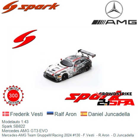 Modelauto 1:43 | Spark SB822 | Mercedes AMG GT3 EVO | Mercedes-AMG Team GruppeM Racing 2024 #130 - F.Vesti  - R.Aron  - D.Junca