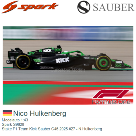 Modelauto 1:43 | Spark S9620 | Stake F1 Team Kick Sauber C45 2025 #27 - N.Hulkenberg