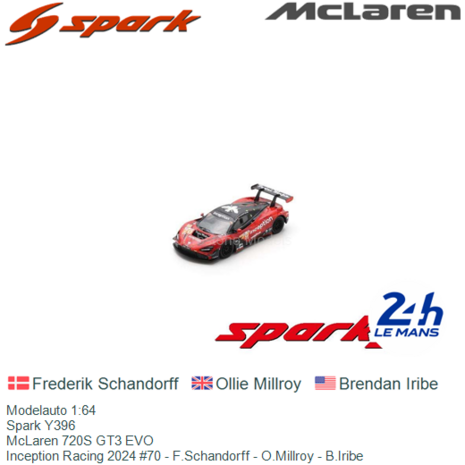 Modelauto 1:64 | Spark Y396 | McLaren 720S GT3 EVO | Inception Racing 2024 #70 - F.Schandorff - O.Millroy - B.Iribe