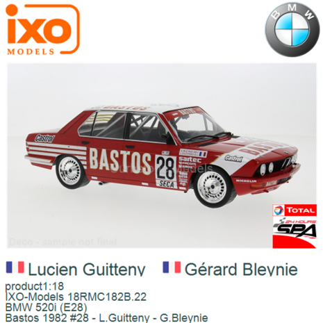 product1:18 | IXO-Models 18RMC182B.22 | BMW 520i (E28) | Bastos 1982 #28 - L.Guitteny - G.Bleynie