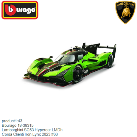product1:43 | Bburago 18-38315 | Lamborghini SC63 Hypercar LMDh | Corsa Clienti Iron Lynx 2023 #63