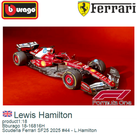 product1:18 | Bburago 18-16816H | Scuderia Ferrari SF25 2025 #44 - L.Hamilton