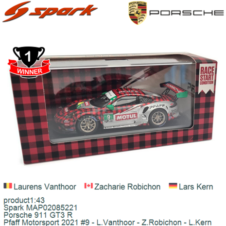product1:43 | Spark MAP02085221 | Porsche 911 GT3 R | Pfaff Motorsport 2021 #9 - L.Vanthoor - Z.Robichon - L.Kern