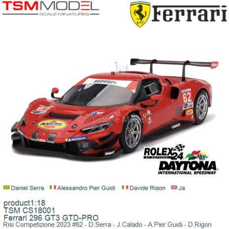 product1:18 | TSM CS18001 | Ferrari 296 GT3 GTD-PRO | Risi Competizione 2023 #62 - D.Serra - J.Calado - A.Pier Guidi - D.Rigon