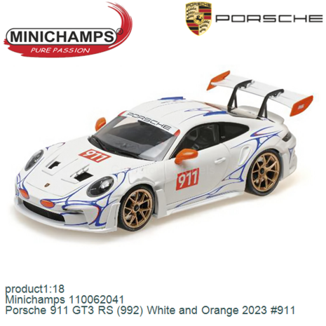 product1:18 | Minichamps 110062041 | Porsche 911 GT3 RS (992) White and Orange 2023 #911