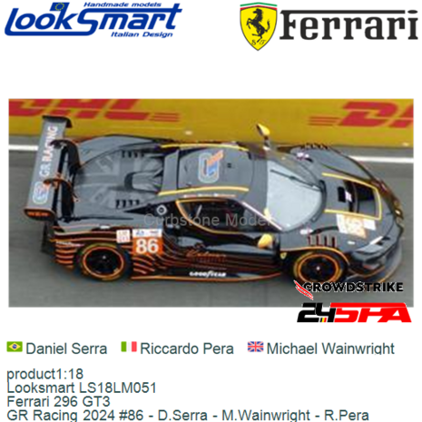 product1:18 | Looksmart LS18LM051 | Ferrari 296 GT3 | GR Racing 2024 #86 - D.Serra - M.Wainwright - R.Pera