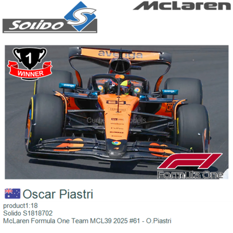 product1:18 | Solido S1818702 | McLaren Formula One Team MCL39 2025 #61 - O.Piastri