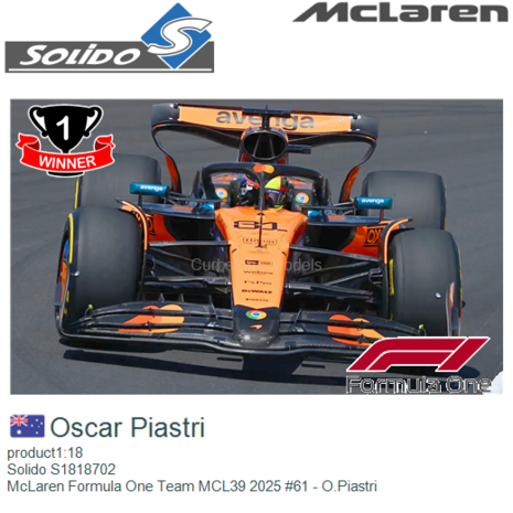 product1:18 | Solido S1818702 | McLaren Formula One Team MCL39 2025 #61 - O.Piastri