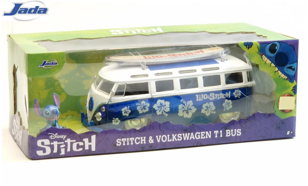 product1:24 | Jada 31992BL | Volkswagen T1 Samba Van wih Surfboard Blue Metallic