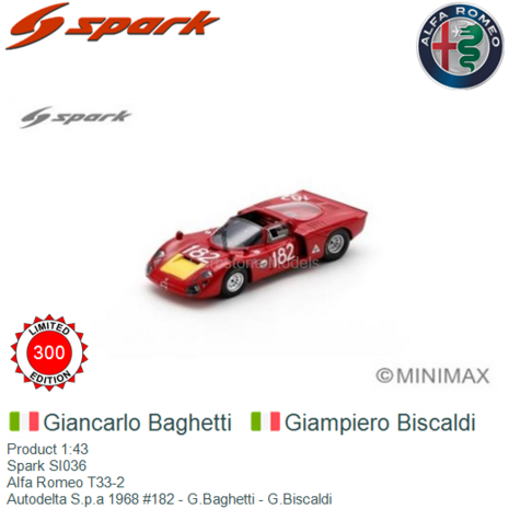 Product 1:43 | Spark SI036 | Alfa Romeo T33-2 | Autodelta S.p.a 1968 #182 - G.Baghetti - G.Biscaldi
