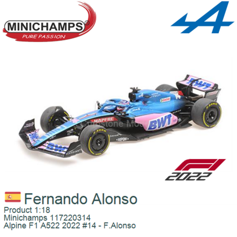 Product 1:18 | Minichamps 117220314 | Alpine F1 A522 2022 #14 - F.Alonso
