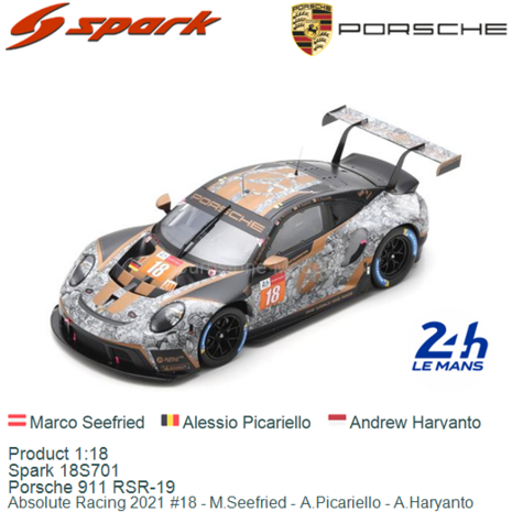 Product 1:18 | Spark 18S701 | Porsche 911 RSR-19 | Absolute Racing 2021 #18 - M.Seefried - A.Picariello - A.Haryanto