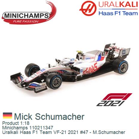 Product 1:18 | Minichamps 110211347 | Uralkali Haas F1 Team VF-21 2021 #47 - M.Schumacher