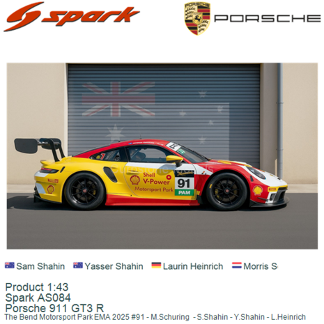 Product 1:43 | Spark AS084 | Porsche 911 GT3 R | The Bend Motorsport Park EMA 2025 #91 - M.Schuring  - S.Shahin - Y.Shahin - L.