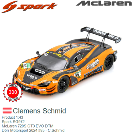 Product 1:43 | Spark SG972 | McLaren 720S GT3 EVO DTM | Dörr Motorsport 2024 #85 - C.Schmid