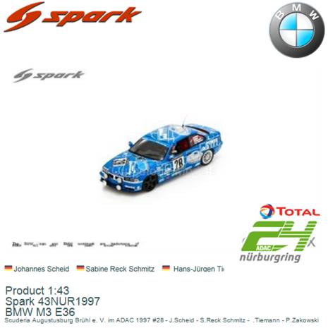 Product 1:43 | Spark 43NUR1997 | BMW M3 E36 | Scuderia Augustusburg Brühl e. V. im ADAC 1997 #28 - J.Scheid - S.Reck Schmi