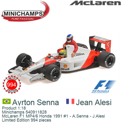 Product 1:18 | Minichamps 540911828 | McLaren F1 MP4/6 Honda 1991 #1 - A.Senna - J.Alesi