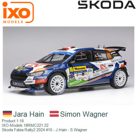 Product 1:18 | IXO-Models 18RMC221.22 | Skoda Fabia Rally2 2024 #10 - J.Hain - S.Wagner