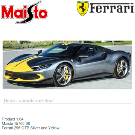 Product 1:64 | Maisto 15700-08 | Ferrari 296 GTB Silver and Yellow
