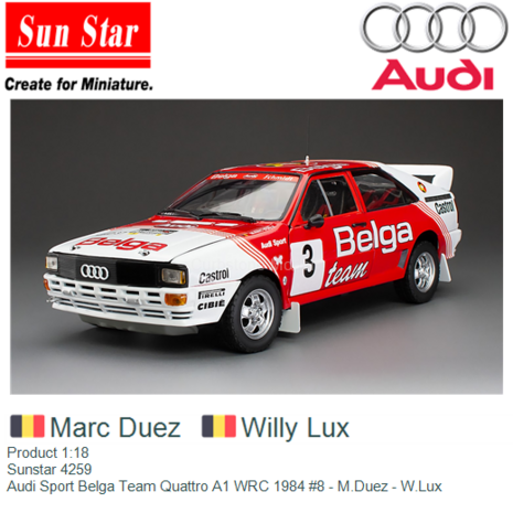 Product 1:18 | Sunstar 4259 | Audi Sport Belga Team Quattro A1 WRC 1984 #8 - M.Duez - W.Lux