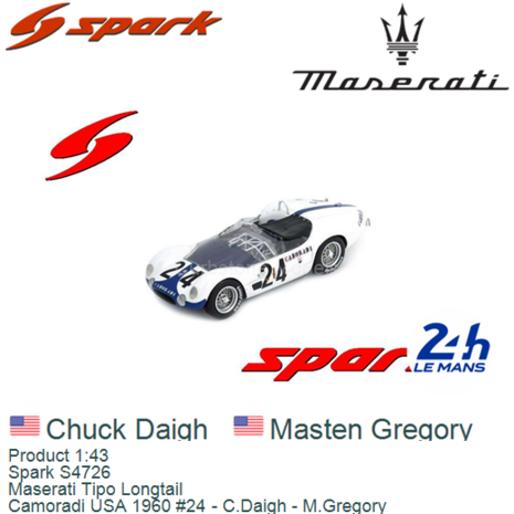 Product 1:43 | Spark S4726 | Maserati Tipo Longtail | Camoradi USA 1960 #24 - C.Daigh - M.Gregory