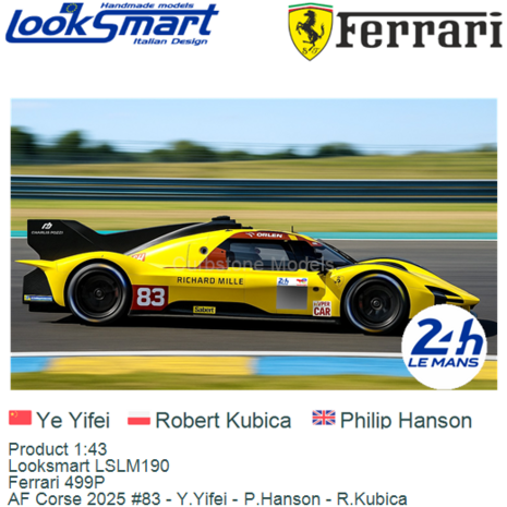Product 1:43 | Looksmart LSLM190 | Ferrari 499P | AF Corse 2025 #83 - Y.Yifei - P.Hanson - R.Kubica