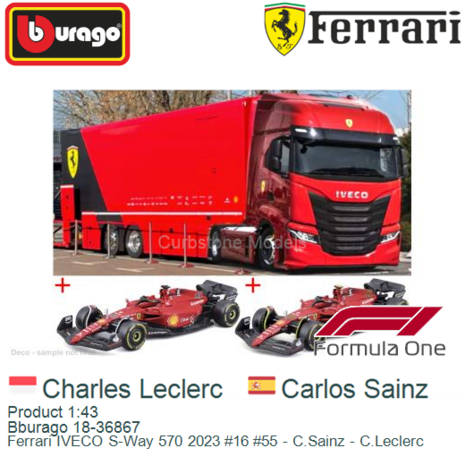 Product 1:43 | Bburago 18-36867 | Ferrari IVECO S-Way 570 2023 #16 #55 - C.Sainz - C.Leclerc