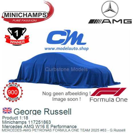 Product 1:18 | Minichamps 117251863 | Mercedes AMG W16 E Performance | MERCEDES-AMG PETRONAS FORMULA ONE TEAM 2025 #63 - G.Russ