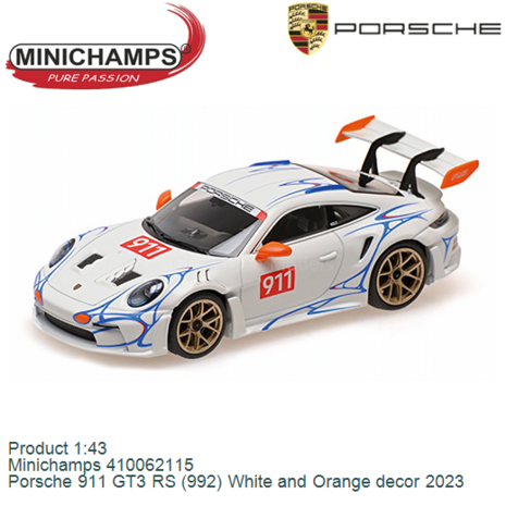 Product 1:43 | Minichamps 410062115 | Porsche 911 GT3 RS (992) White and Orange decor 2023
