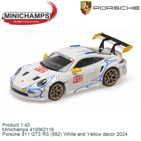 Product 1:43 | Minichamps 410062116 | Porsche 911 GT3 RS (992) White and Yellow decor 2024