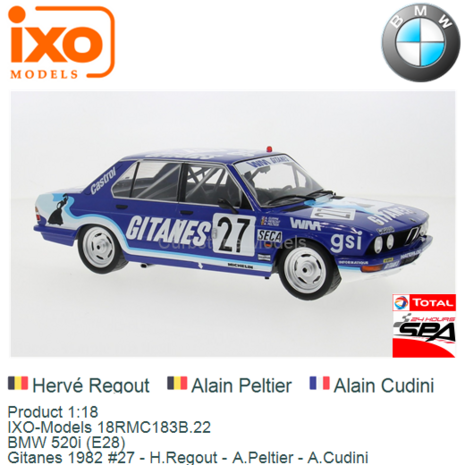 Product 1:18 | IXO-Models 18RMC183B.22 | BMW 520i (E28) | Gitanes 1982 #27 - H.Regout - A.Peltier - A.Cudini