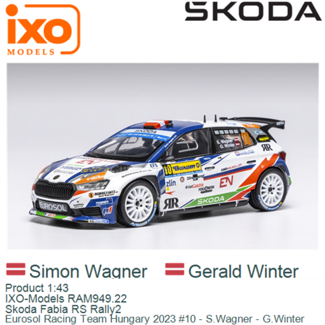 Product 1:43 | IXO-Models RAM949.22 | Skoda Fabia RS Rally2 | Eurosol Racing Team Hungary 2023 #10 - S.Wagner - G.Winter