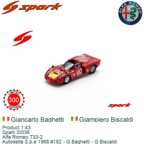 Product 1:43 | Spark SI036 | Alfa Romeo T33-2 | Autodelta S.p.a 1968 #182 - G.Baghetti - G.Biscaldi