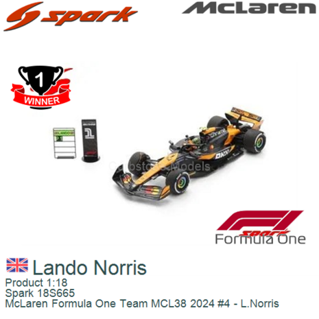 Product 1:18 | Spark 18S665 | McLaren Formula One Team MCL38 2024 #4 - L.Norris