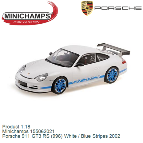 Product 1:18 | Minichamps 155062021 | Porsche 911 GT3 RS (996) White / Blue Stripes 2002