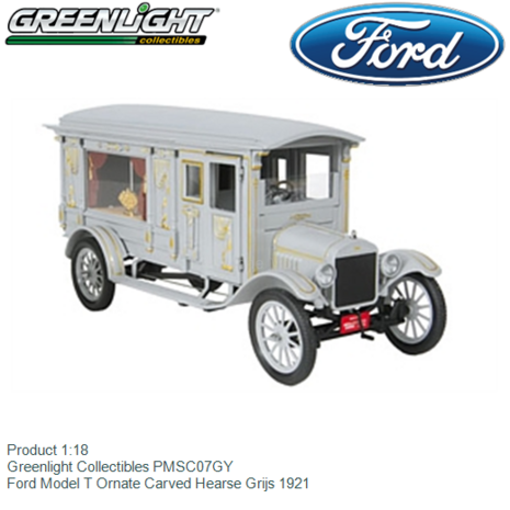 Product 1:18 | Greenlight Collectibles PMSC07GY | Ford Model T Ornate Carved Hearse Grijs 1921