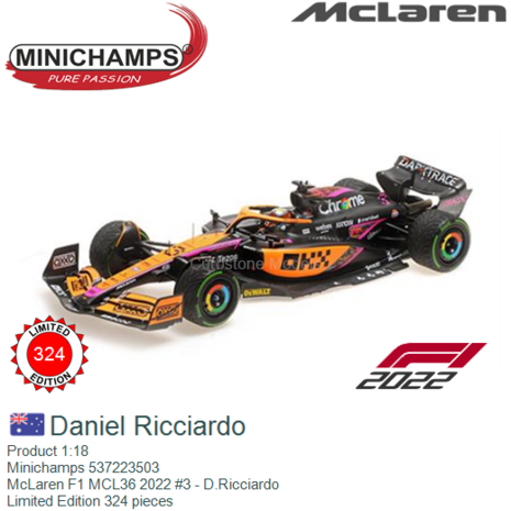 Product 1:18 | Minichamps 537223503 | McLaren F1 MCL36 2022 #3 - D.Ricciardo