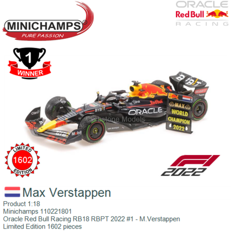 Product 1:18 | Minichamps 110221801 | Oracle Red Bull Racing RB18 RBPT 2022 #1 - M.Verstappen