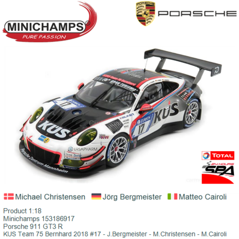 Product 1:18 | Minichamps 153186917 | Porsche 911 GT3 R | KUS Team 75 Bernhard 2018 #17 - J.Bergmeister - M.Christensen - M.Cai