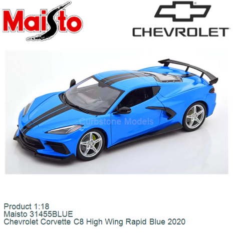 Product 1:18 | Maisto 31455BLUE | Chevrolet Corvette C8 High Wing Rapid Blue 2020