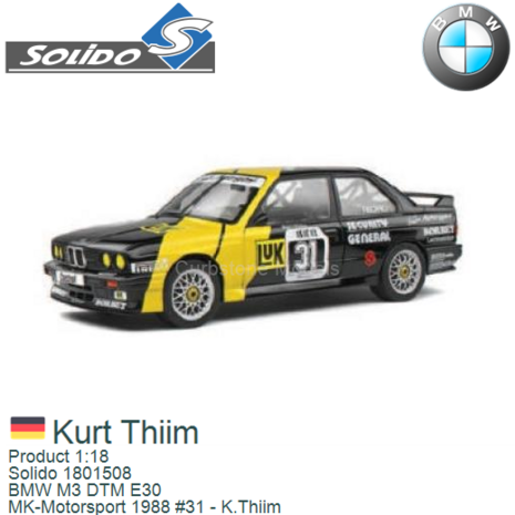 Product 1:18 | Solido 1801508 | BMW M3 DTM E30 | MK-Motorsport 1988 #31 - K.Thiim