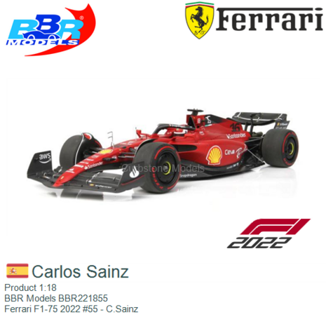 Product 1:18 | BBR Models BBR221855 | Ferrari F1-75 2022 #55 - C.Sainz