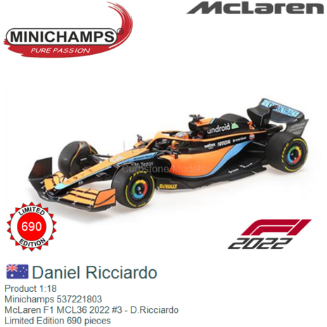 Product 1:18 | Minichamps 537221803 | McLaren F1 MCL36 2022 #3 - D.Ricciardo