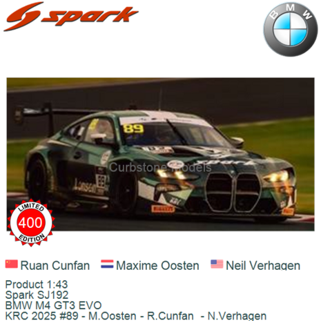 Product 1:43 | Spark SJ192 | BMW M4 GT3 EVO | KRC 2025 #89 - M.Oosten - R.Cunfan  - N.Verhagen