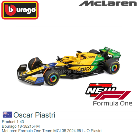 Product 1:43 | Bburago 18-38215PM | McLaren Formula One Team MCL38 2024 #81 - O.Piastri