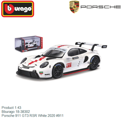 Product 1:43 | Bburago 18-38302 | Porsche 911 GT3 RSR White 2020 #911
