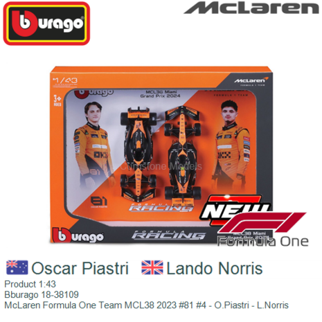Product 1:43 | Bburago 18-38109 | McLaren Formula One Team MCL38 2023 #81 #4 - O.Piastri - L.Norris
